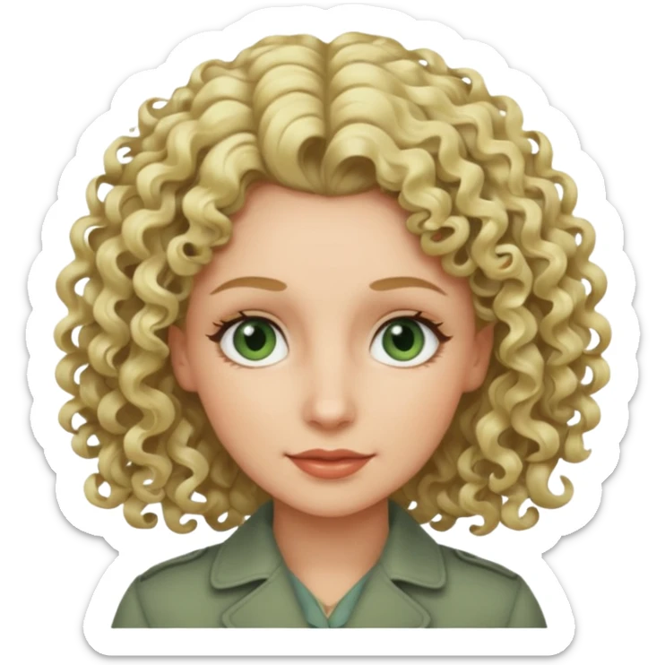 a woman in her late 40s and has greyish greenish eyes and blonde curly hair sticker