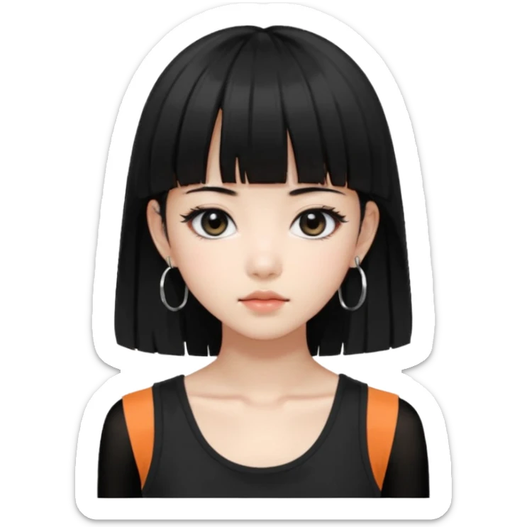 Korean girl, black tank top, black hair, black eyes, layered hair, cool girl, aesthetic, long hair, hime cut, blunt bangs, small silver hoop earrings sticker
