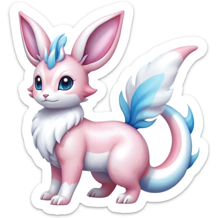 Feral Rare Fantasy cute realistic adorable pastel pink light-blue white iridescent Sylveon-Milotic-Minccino-Vernid-Sergal-hybrid by LiLaiRa, markings, tufted ears, full body sticker