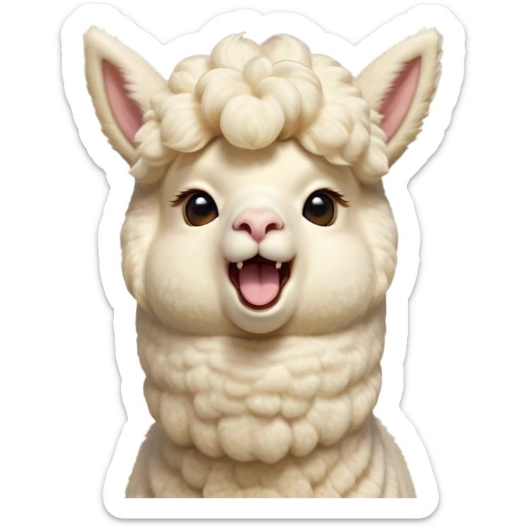 Cinematic Cute Yawning Cream Alpaca Portrait Emoji, Head tilted slightly with a dramatic, wide-open yawn, showcasing a soft, fluffy cream fleece with subtly drooping ears, round gentle eyes barely open in drowsy contentment, Simplified yet irresistibly adorable features, highly detailed, glowing with a soft, cozy glow, high shine, relaxed yet expressive, stylized with a touch of whimsy, bright and endearing, soft glowing outline, capturing the essence of a sleepy yet affectionate alpaca, so drowsy it feels like it could stretch out of the screen and curl up for a nap! sticker