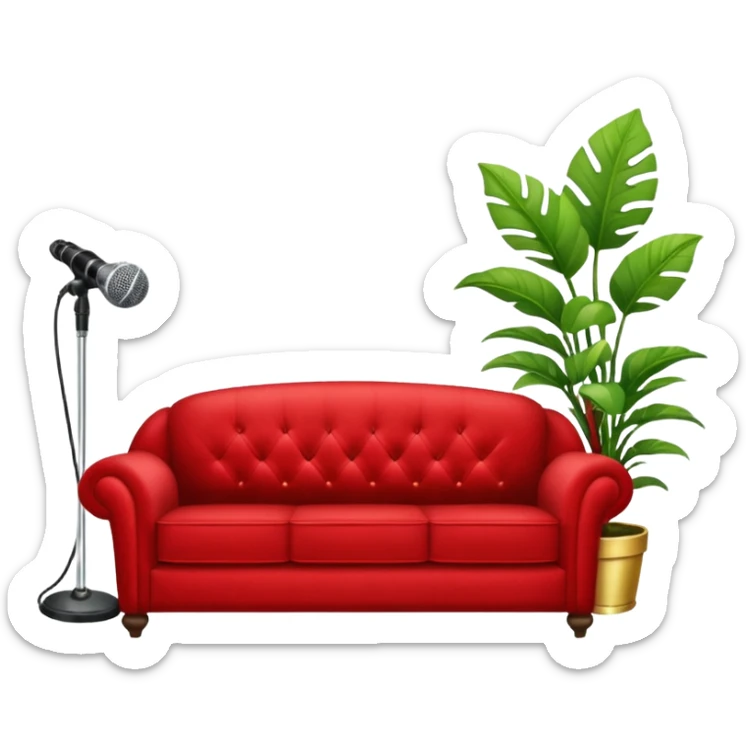 red velvet luxury couch with a single stand mic in front and houseplant in back sticker
