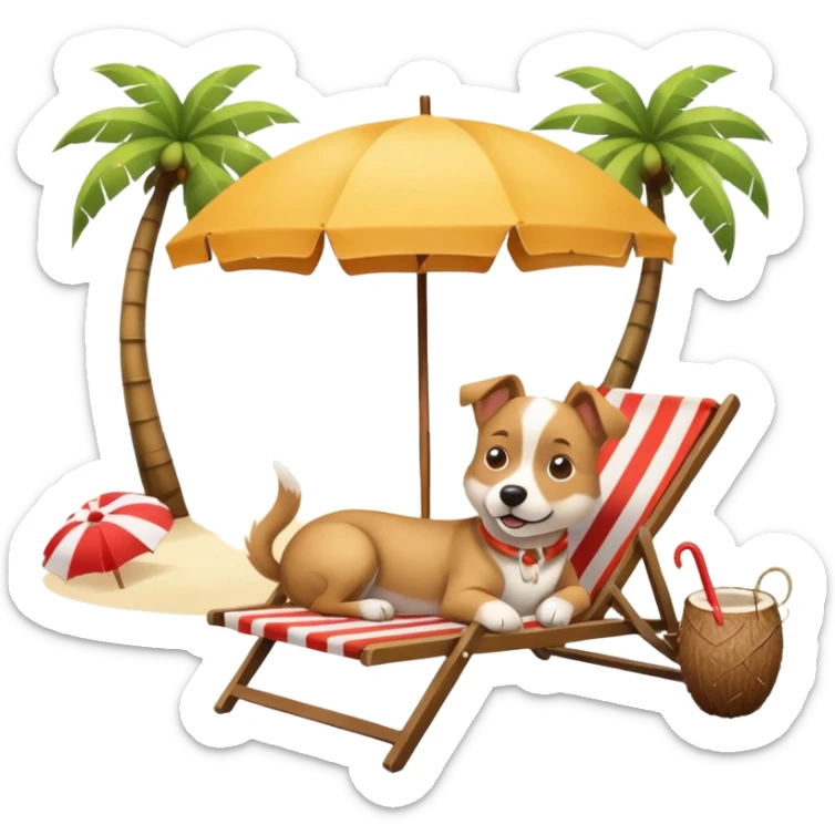 a dog laied on a beach chair, a sunny beach, a sun umbrella, and beach coconut trees. the icon should capture the essence of a relaxing beach vacation with a carefree atmosphere sticker