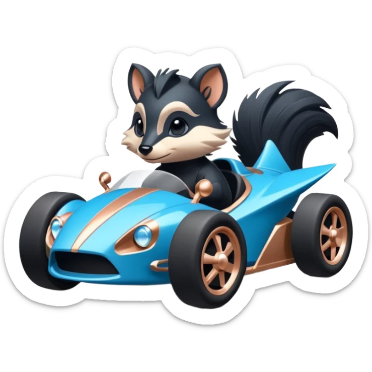 dark crystal blue and rosegold-accented faceted-body electric racing car driven by a small cute but fearless skunk with rear spoiler, roll bar, and wheely bar sticker