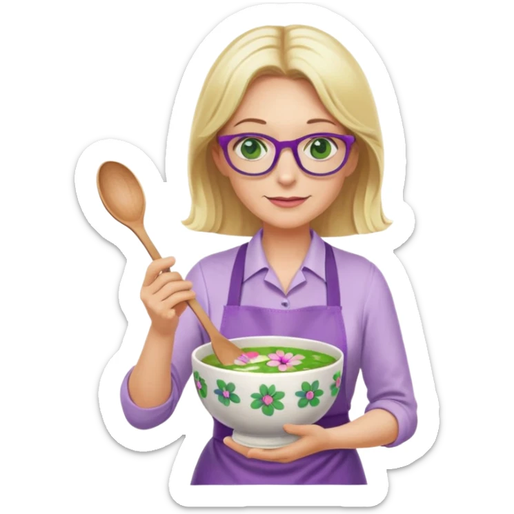 middle aged woman with shoulder length blonde hair, purple glasses, green eyes, flower apron, holding a bowl and mixing spoon sticker