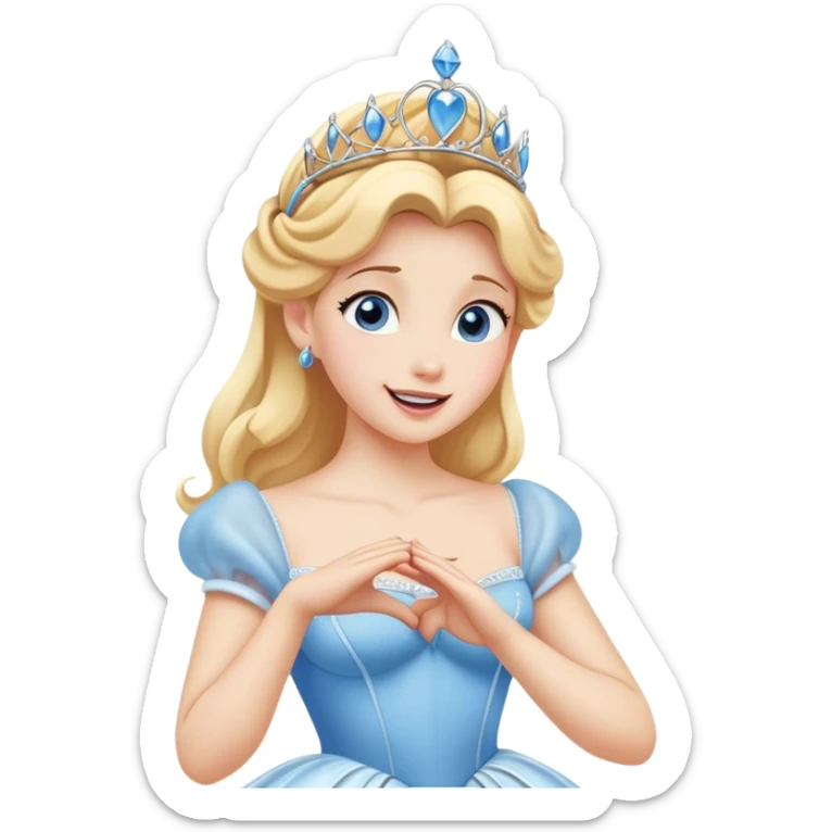 Cinematic Playful Cinderella Portrait Emoji, Blushing with excitement, hands clasped near her heart, eyes wide with anticipation, her tiara slightly askew from an unexpected twirl, a radiant princess caught in a moment of joy, utterly captivating! sticker