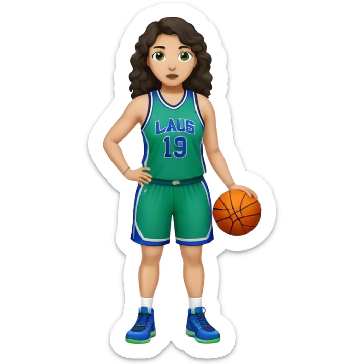 full body plus size light skin latino women basketball player with wavy dark hair large widenose wearing blue and green uniform sticker