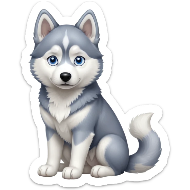 cinematic-[siberian husky]-realistic-full-body-sitting-emoji,-tail-resting-loosely-beside-its-paws,blue eyes-head-tilted-dramatically, -fluffy-[grey and white]-fur,-simplified-yet-realistic-focused-features,-highly-detailed,-glowing-with-an-almost-sarcastic-glow sticker