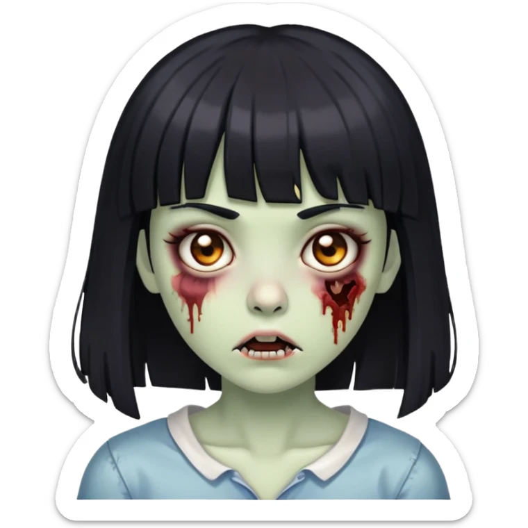 Uma garota zumbie de cabelos liso preto com franja, pele branca e olhos castanhos. sticker