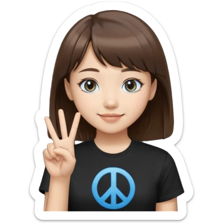 a girl with narrow Asian blue eyes, brown hair, and a small bang below her shoulders, wearing a black T-shirt, with a peace sign sticker
