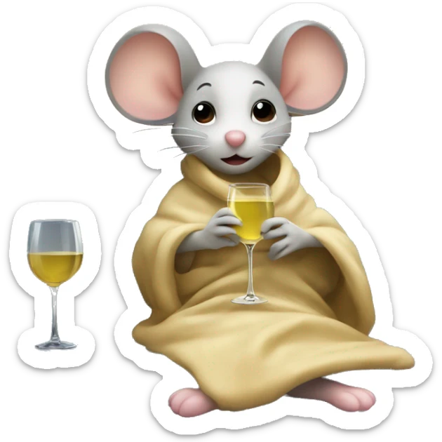A cute girl mouse sitting in a sofa underneath a blanket holding a glass of white wine. The mouse in front of the tv watching netflix sticker