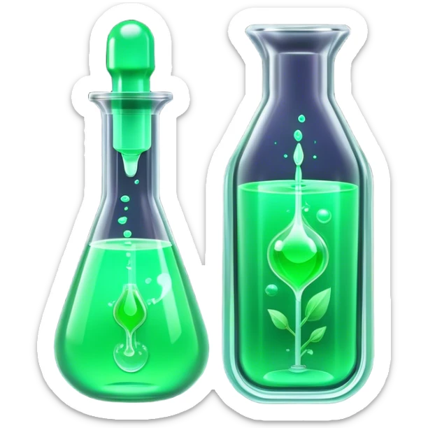 Clash of Clans aesthetic: Cinematic Playful Sci-fi green health pack Emoji, rendered in a 3D vector-style similar to standard emojis with minimal shading and bold, simplified shapes. A compact, futuristic vial with a glowing neon liquid and sleek contours, softly glowing with a healing cosmic charm. Simplified yet unmistakably iconic, highly detailed and consistent, glowing with a soft radiant glow and high shine. Stylized with a touch of futuristic alchemy and a soft glowing outline, capturing the essence of a vital energy elixir with a playful, interstellar spirit! sticker