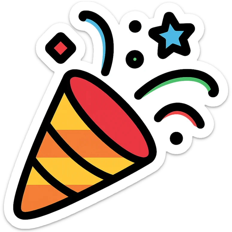 party popper with confetti icon in lineal color with black outlines sticker