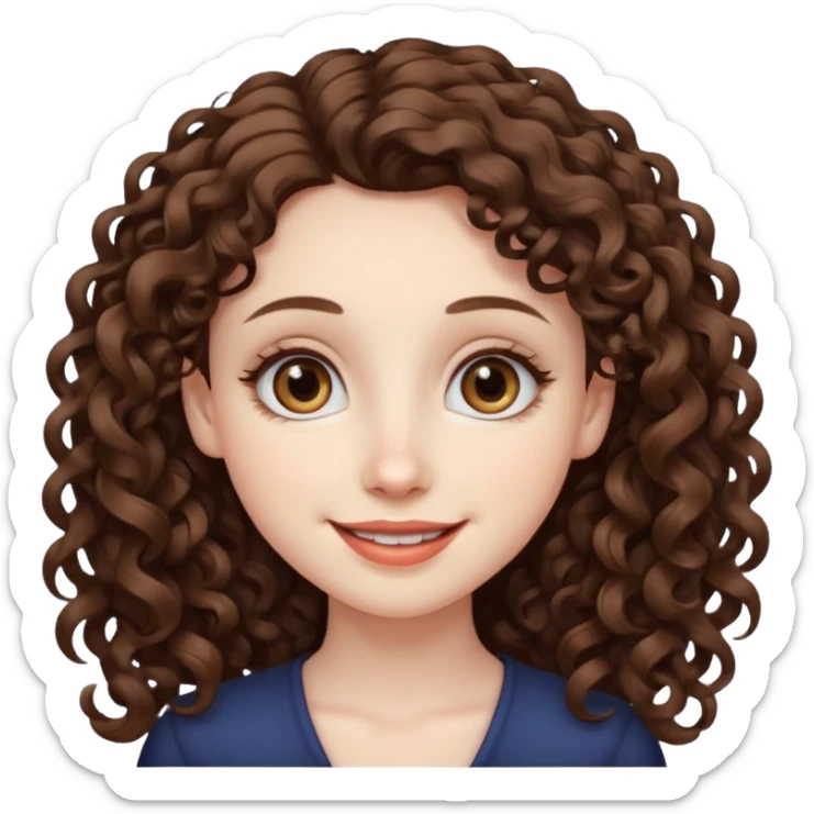 Light brown eyed female with pale skin. She has big eyes, curly and long dark brown hair and thin lips smiling. sticker