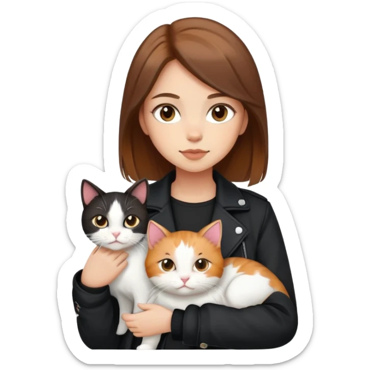 Light-skinned girl with brown hair wearing black jacket with white cat and calico cat sticker