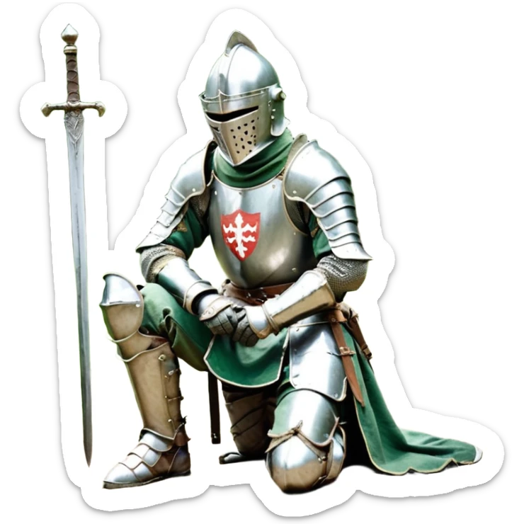 A lone medieval knight in a green worn armor kneels. His helmet is closed, hiding his face, conveying silence, exhaustion and contemplation. A long sword is planted in the ground beside him, its hilt resting near his gloved hands as if he is praying or resting after battle. sticker