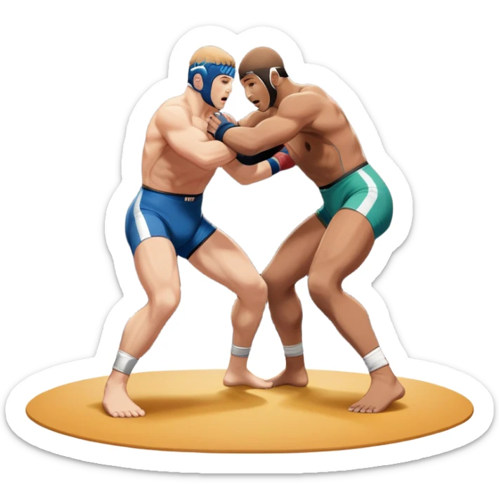 An icon featuring two wrestlers engaged in a fierce bout of freestyle wrestling. One wrestler is performing a lift, while the other tries to counter with a defensive move. The background showcases a wrestling mat with bright spotlights and a dynamic atmosphere. Transparent background sticker