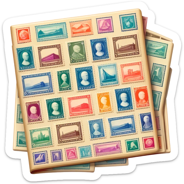 Icon for Stamp Collecting: a large stamp block in the middle and a collection of vintage and colorful stamps arranged around in an album or on a desk, with showcasing different themes. The icon should reflect the charm and history of philately. Transparent background. sticker