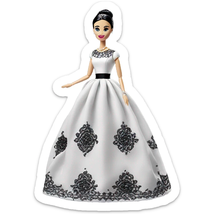 Audrey Hepburn Barbie. Wednesday Addams. Show full body. Embroidered long gown with accessories  sticker