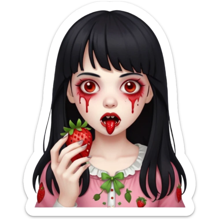 Girly girl, zombie, black hair, bang, cabelo longo e um comendo um morango sticker