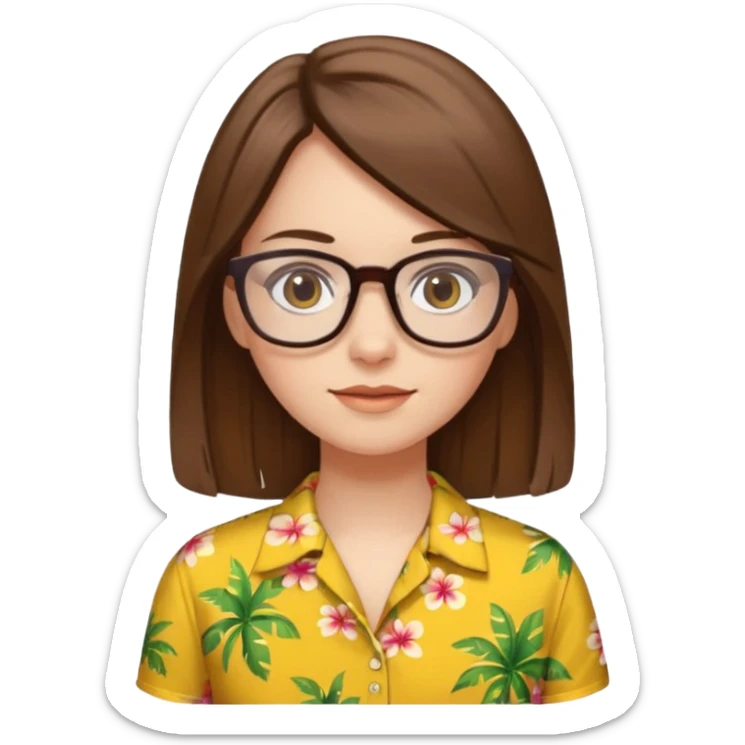 Hawaii female with white skin. Shoulder length straight brown hair. Brown eyes with glasses. Female wearing yellow Hawaiian print shirt. sticker