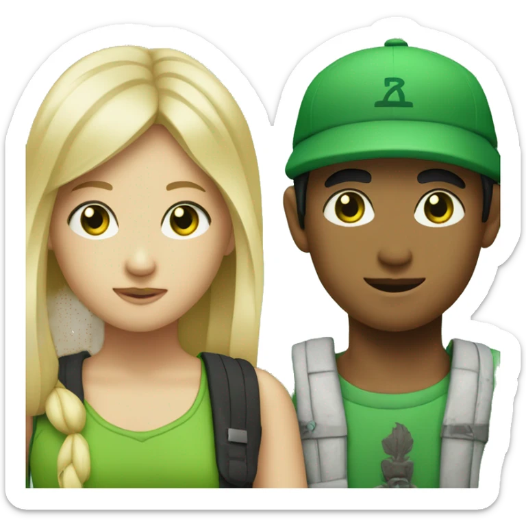 blonde boy with green eyes wearing green cap written bali on it with Asian girl with long straight black hair  sticker