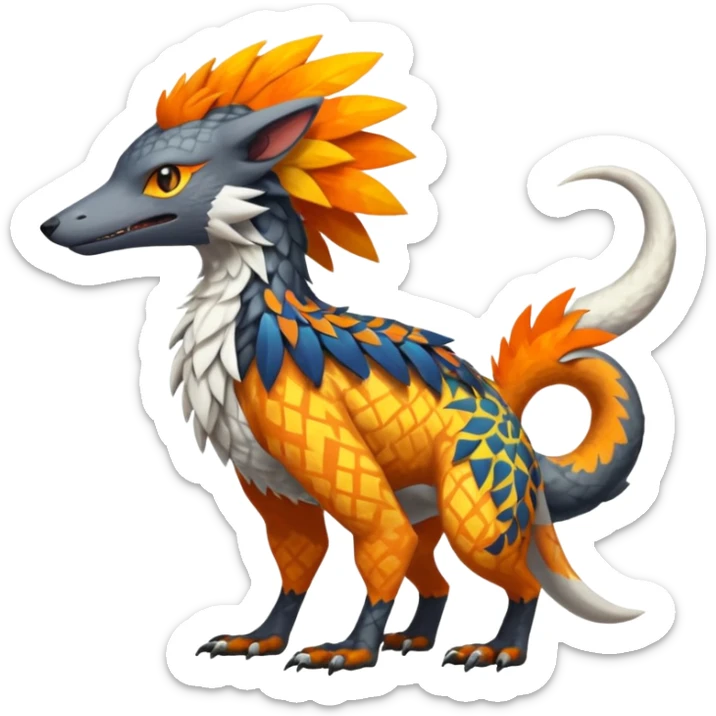 Colorful Fruity Warm-colored Tropical Tribal Shamanic Exotic Vernid-Sergal-Trico-Silvally-Nargacuga-fusion-hybrid-animal-creature, full body sticker