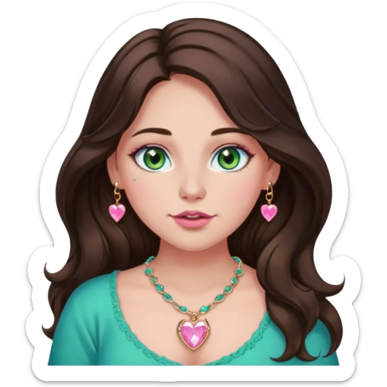 Girl girl long wavy dark brown hair with middle part, green/blue/gold eyes, plus size, pink girly top, right nostril rose gold nose ring, pink heart crystal necklace  sticker