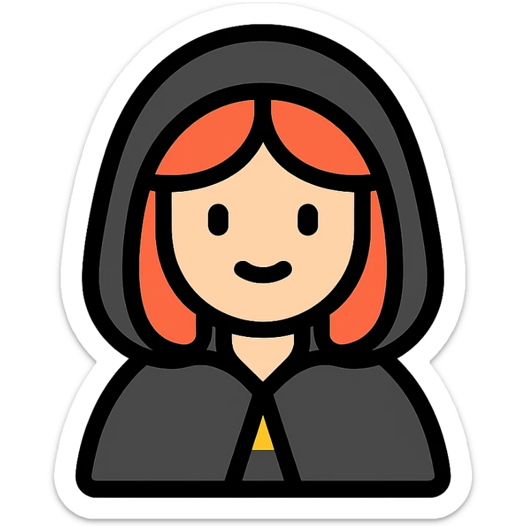 white-skinned girl with red hair wearing a black cloak with a hood sticker