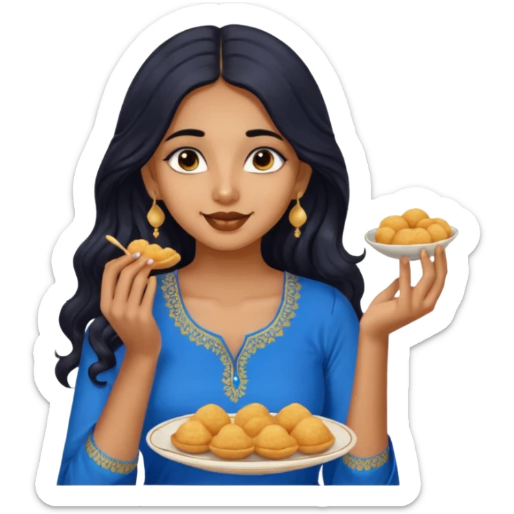a pretty tan indian bratz girl with wavy long BLACK hair. eyeliner on, wearing a blue kurti, eating golgappa. NO SPOON sticker