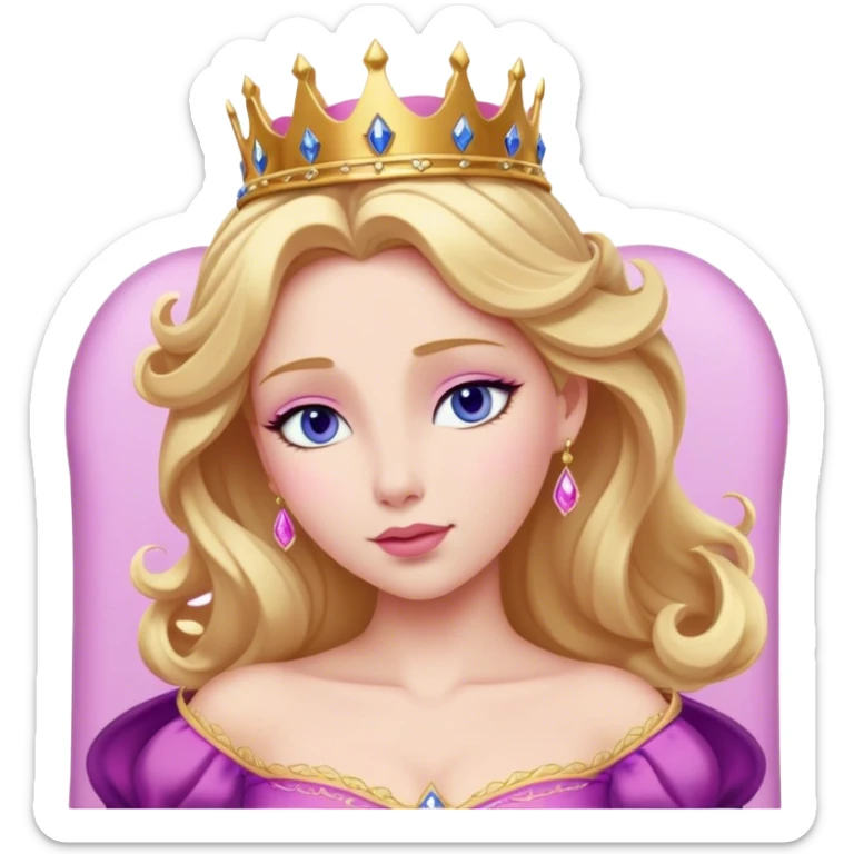 Cinematic Realistic Sleeping Beauty (Aurora) Portrait, with porcelain-like skin featuring a natural rosy flush, illuminated by soft lighting that highlights the gentle contours of her face. Her golden blonde hair flows in soft, detailed waves with subtle highlights that shimmer in the light. Her deep violet-blue eyes radiate warmth and innocence, framed by arched brows and long lashes. Her serene expression exudes quiet elegance. She is dressed in her classic pink gown, the fabric rich in texture with delicate folds that catch the light. A golden crown rests atop her head, gleaming with royal refinement. The portrait captures a soft, glowing aura, blending realism with an ethereal sense of beauty and timeless enchantment. sticker