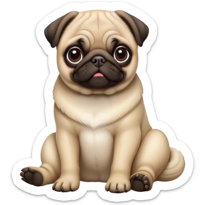 detailed-[cute pug]-realistic-full-body-sitting-emoji,-tail-resting-loosely-beside-its-paws,-head-tilted-dramatically, -sleek-fur,-simplified-yet-realistic-focused-features,-highly-detailed,-glowing-with-an-almost-sarcastic-glow sticker