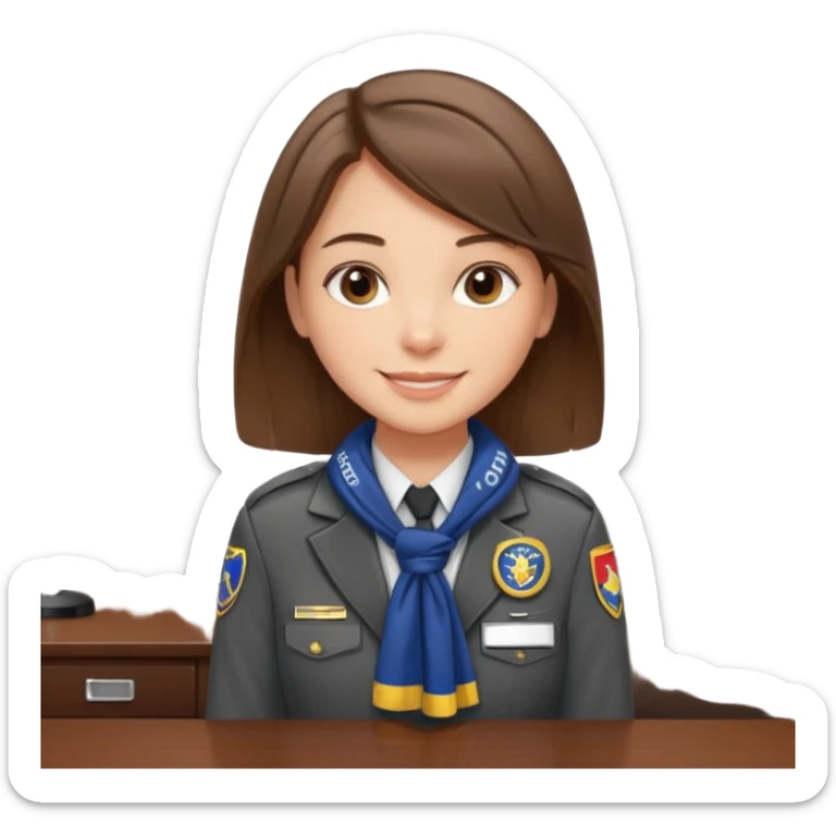 Young girl, straight hair, wearing uniform jacket with hotel name badge, tasteful scarf, stand behind the desk sticker