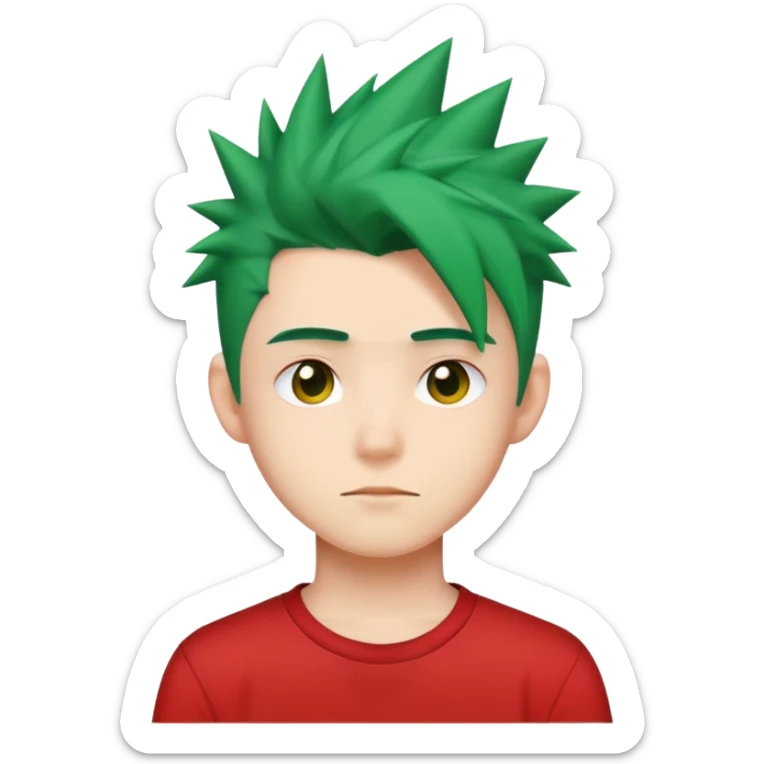 "- Nam
- 15 tuổi
- Da trắng
- Tóc xanh lá cây vuốt nhọn dựng đứng
- áo đỏ
" sticker