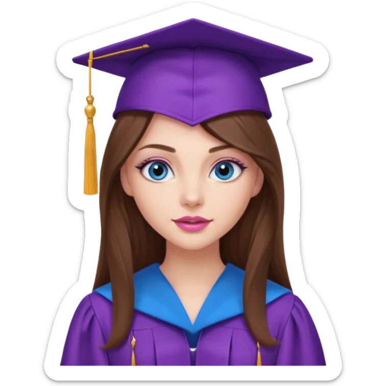 girl with gorgeous long brown hair, blue eyes, long lashes makeup, sexy pink lips, wearing a purple graduation cap and gown sticker
