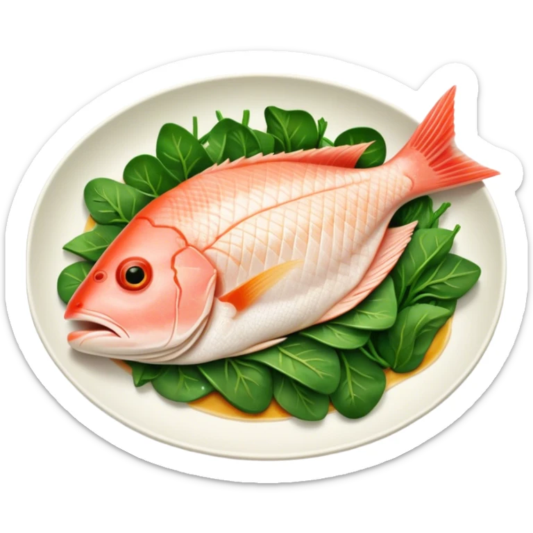 Cinematic fresh snapper fillet, pan-seared to golden perfection, soft and flaky texture, resting on a bed of sautéed greens, warm glowing background, refined and elegant. sticker
