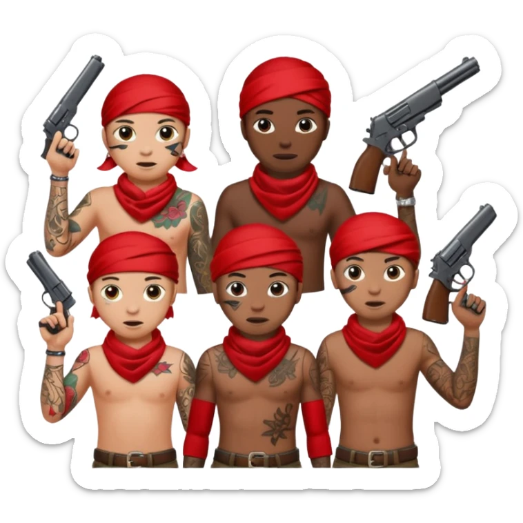 Black blood gang members with tattoos red￼ bandannas hold guns throwing up the b sticker