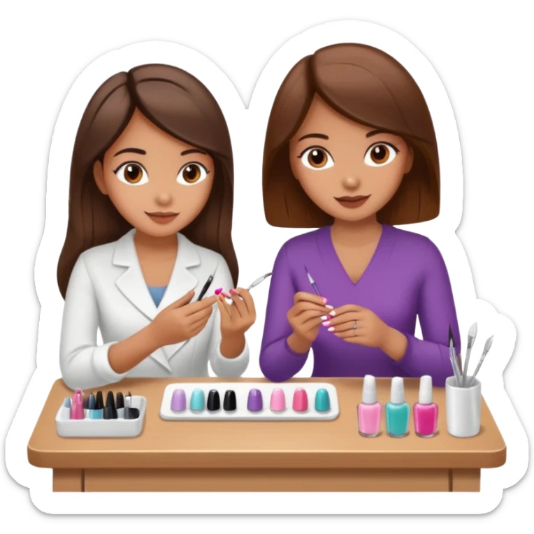 A realistic illustration of a girl with medium-length thick brown hair sitting at a manicure table. Another girl is carefully doing her nails, using professional manicure tools. Soft natural lighting, clean salon environment, detailed hands and nail work, warm and pleasant atmosphere. sticker