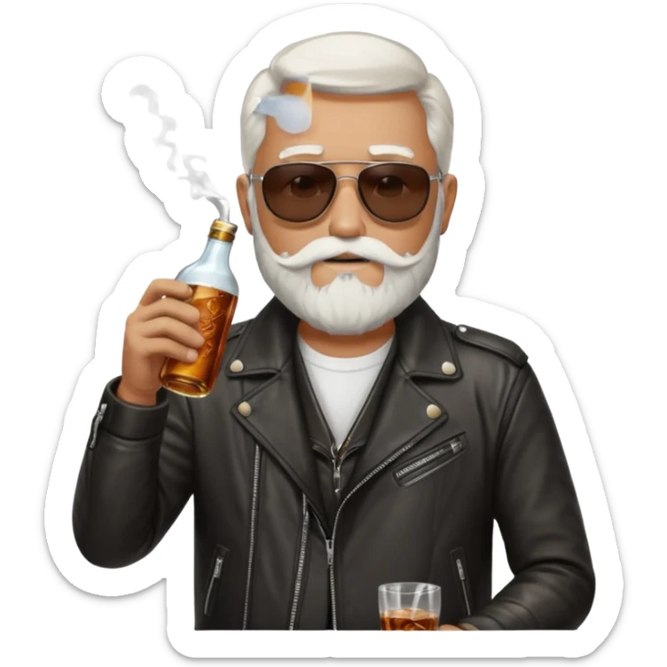 Un motero de perilla blanca, gafas oscuras chupa de cuero y bebiendo de una botella de Jack Daniel's. sticker