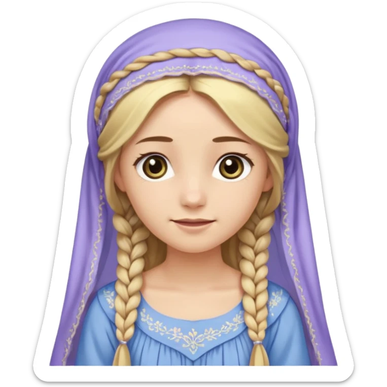 
mujer, Joven, de aspecto dulce y elegante.
Piel clara, ojos grandes y expresivos, sonrisa triste.
Rubio o castaño claro, largo, con trenzas o velo.
Vestido largo de tonos suaves (blanco, azul o lavanda), con bordados dorados; toca fina cubriendo la cabeza. cuerpo entero
 sticker