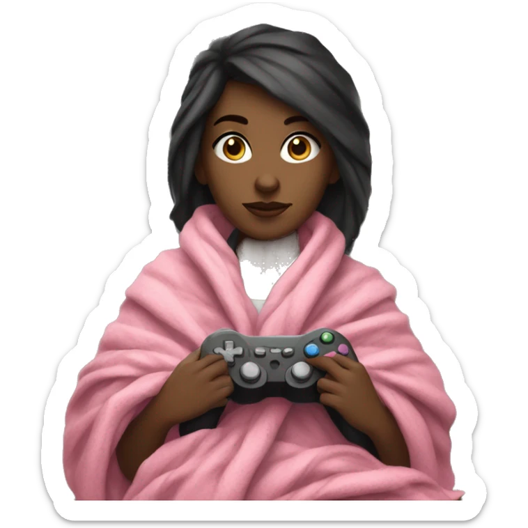 White girl with dark hair wrapped up in a blanket sitting on a couch with a pink gaming controller in her hands sticker