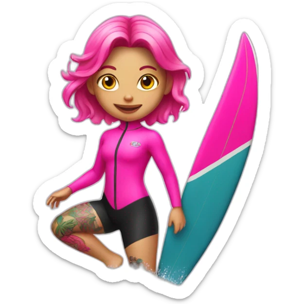 Girl with tattoos wearing a bright pink wetsuit surfing in Indonesia sticker