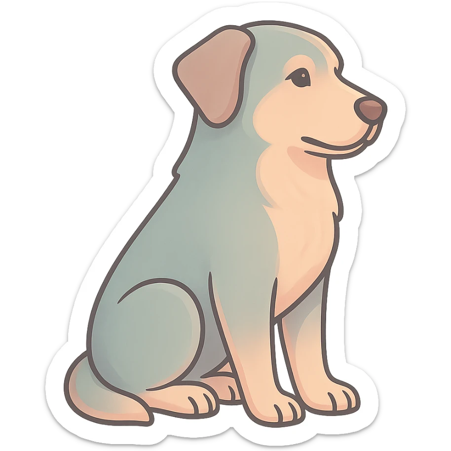 Edit the image to depict a dog as the symbol of the year in Feng Shui, Chinese Eastern style. Use thin clean contours, soft rounded shapes, and a pastel palette with colors #98B5BC, #B5B3C1, #C9A3C9, #E4C0CA, #F7DCD1, #F7C0AA. Include detailed shadows and highlights with soft lighting. The background should be transparent. The style should be less cute, without decorative elements. The silhouette and appearance should match the reference. sticker