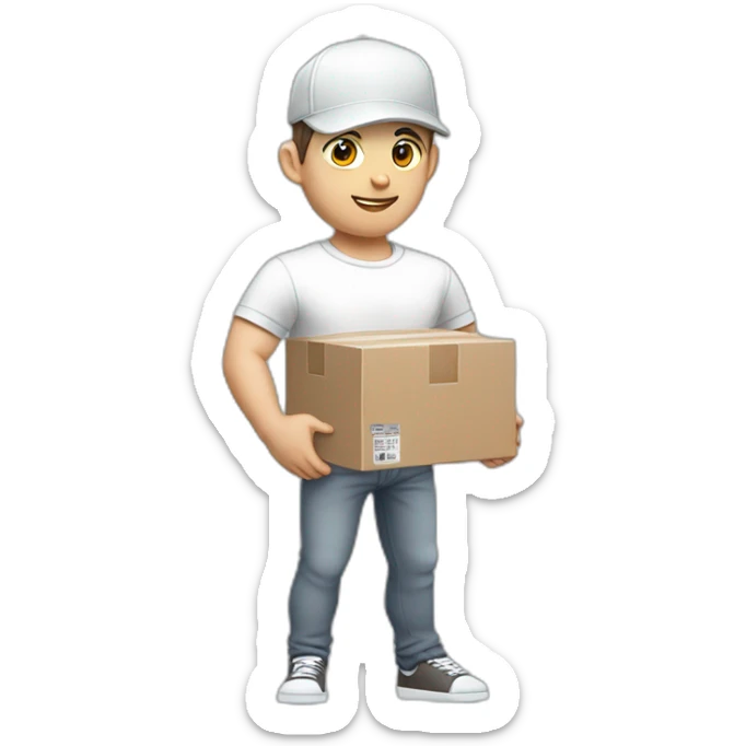 Pale skinned fit Man with dark brown hair in a white cap, gray jeans and gray polo T-shirt keeping a pasted with tape box into his hands sticker