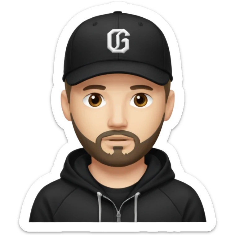 Hombre con la cara borrosa, con barba fina y perilla, gorra negra de baseball bordada con un 08, y sudadera negra sticker