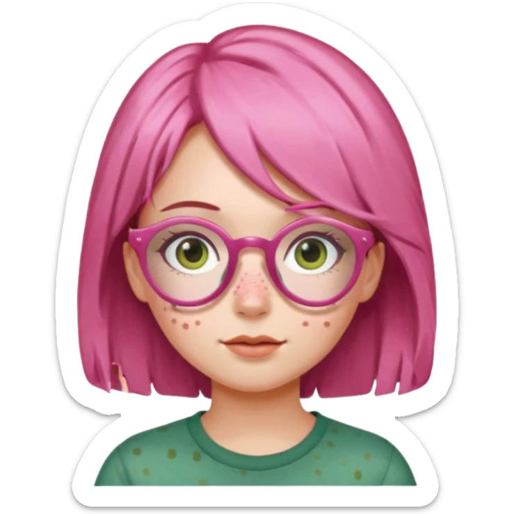 a girl with pink glasses, brownish green hair and freckles sticker