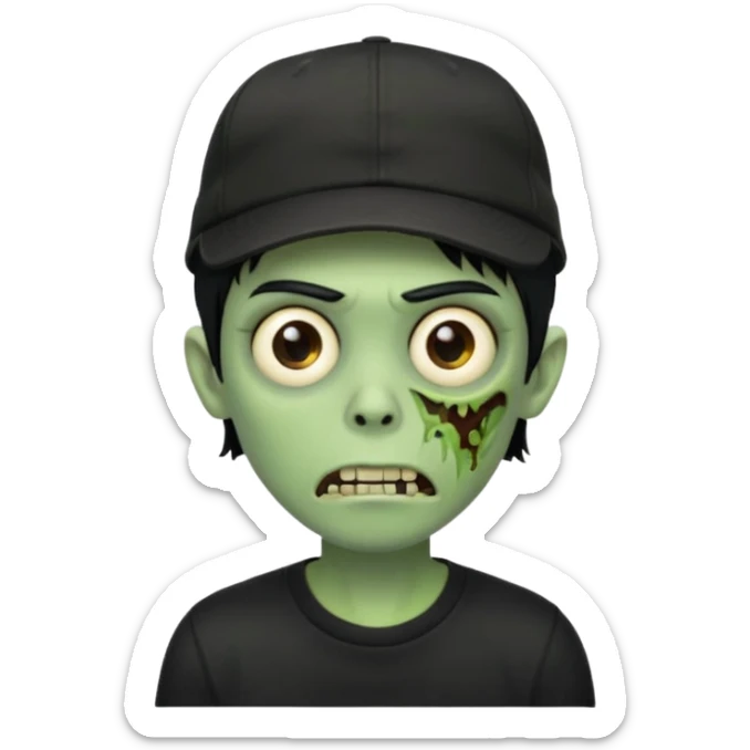 Green zombie, black hair, designer cap turned to the left, black shirt. Apple iOS style. sticker