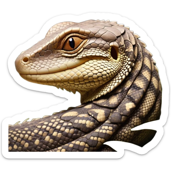 Meme-Worthy cute Sleeping brown camo spotted monitor Lizard Portrait Emoji, Head resting peacefully with a contented smile, showcasing intricately patterned scales and eyes gently closed in serene slumber, Simplified yet comically adorable features, highly detailed, glowing with a soft, drowsy earthy light, high shine, relaxed and utterly lovable, stylized with an air of playful laziness, bright and heartwarming, soft glowing outline, capturing the essence of a sleeping reptilian guardian that feels destined to become the next viral icon of adorable rest! sticker