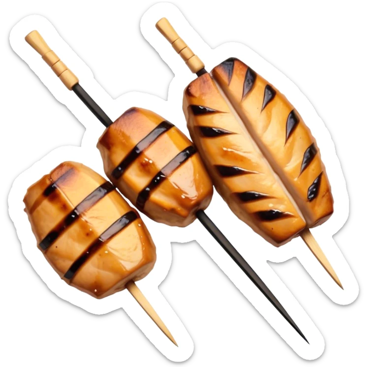 Cinematic Realistic Yakitori Dish Emoji, depicted as skewered, grilled chicken pieces with a charred finish rendered with crisp textures and appetizing, natural lighting. sticker