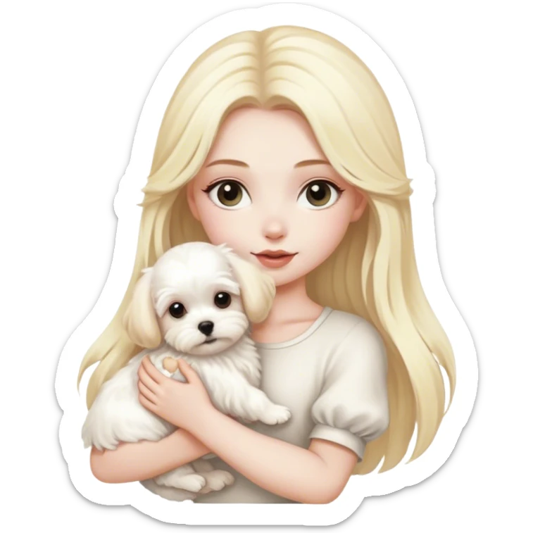 Blonde girl, pale skin, with long fur Maltese puppy sticker