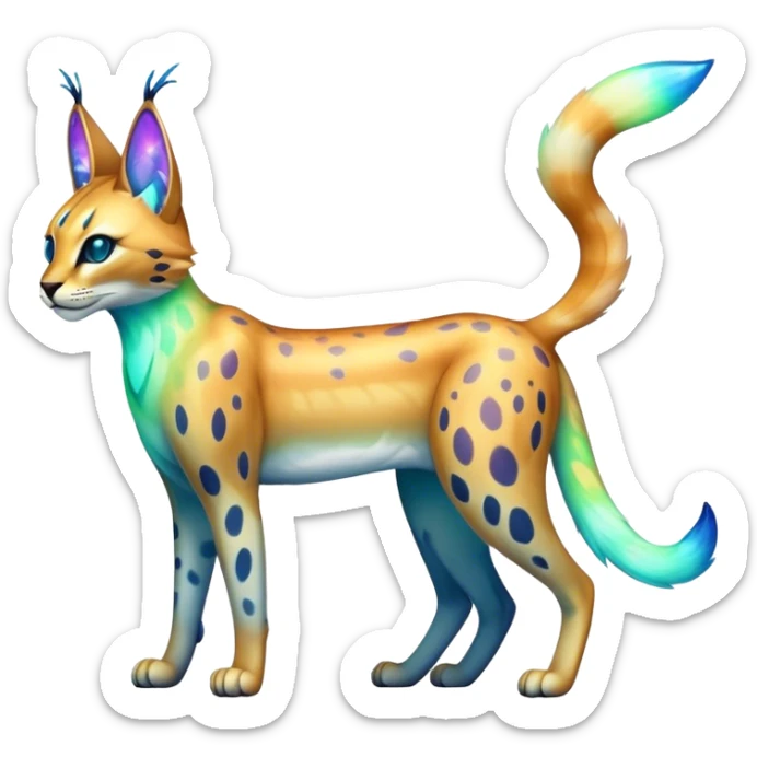 An iridescent transparent luminescent colorful fantasy-lynx-caracal-serval-fakemon-creature-hybrid sticker